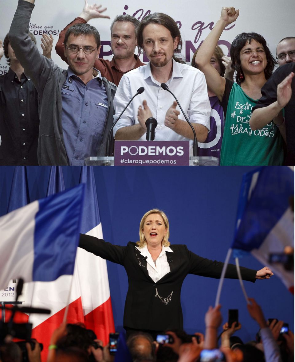 Dwie twarze Eurowyborów: Na górze: Pablo Iglesias z lewicowego Podemos w Hiszpanii Na dole: Marine Le Pen z faszystowskiego Frontu Narodowego we Francji