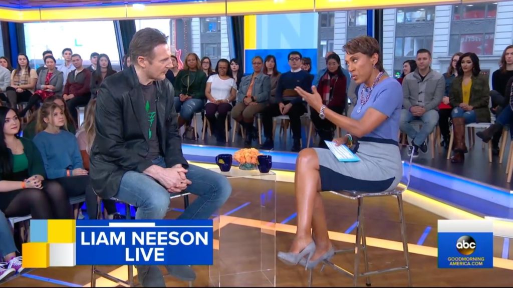 05.02.19 Liam Neeson próbuje się tłumaczyć w rozmowie z Robin Roberts w amerykańskim kanale ABC.