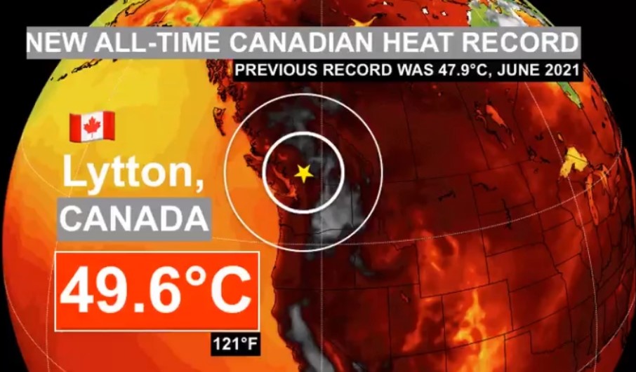 Trzy dni z rzędu ustanawiano nowe rekordy temperatury dla Kanady. 29 czerwca, w Lytton, w Kolumbii Brytyjskiej odnotowano 49,6 stopni Celsjusza.