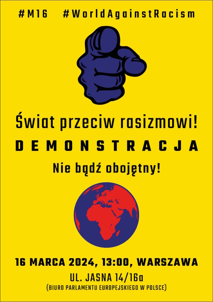 Plakat demonstracji antyrasistowskiej 16 marca 2024 r.