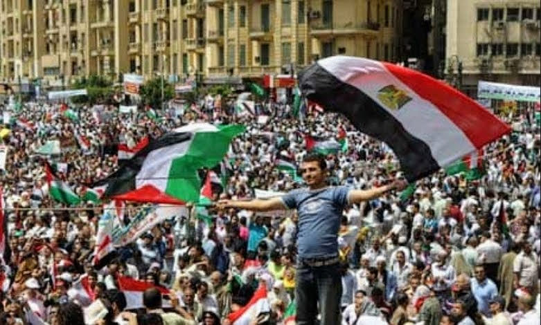 13.05.2011 Plac Tahrir, Kair, Egipt. Uczestnik rewolucji machający flagami Palestyny i Egiptu.
