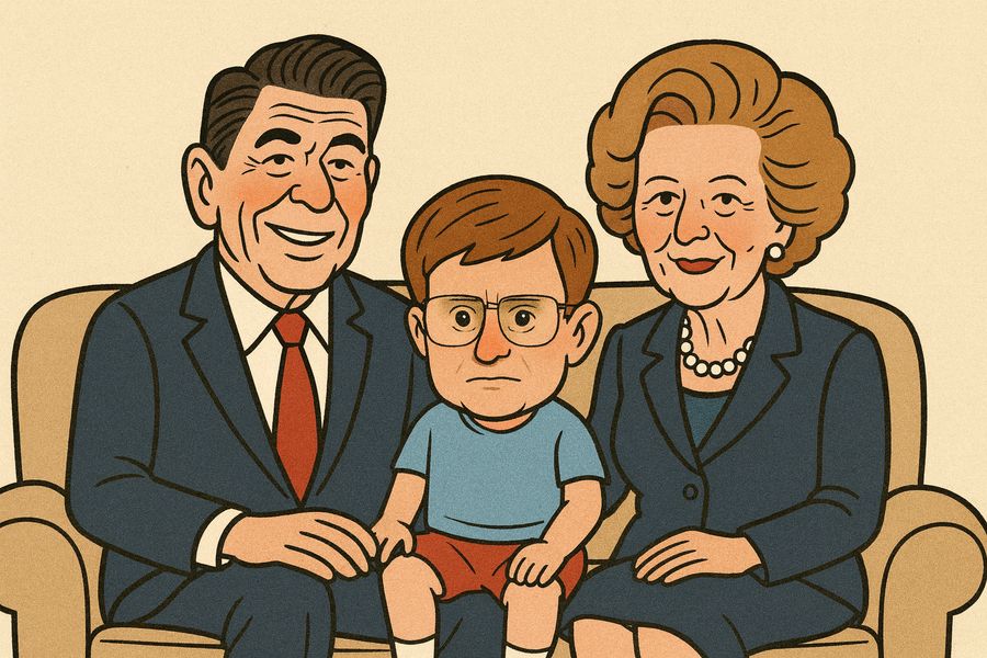 Leszek Balcerowicz – najbardziej znany symbol polskiego neoliberalizmu ze swoimi politycznymi „rodzicami”, Ronaldem Reaganem i Margaret Thatcher.