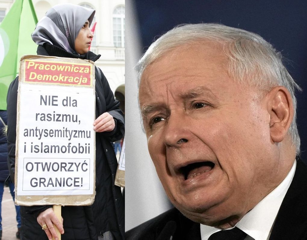 Muzułmanka z antyrasistowską tabliczką Pracowniczej Demokracji oraz niezadowolony Kaczyński